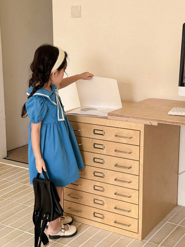 Girls' Blue Butterfly Collar Casual College Style Dress