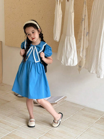 Girls' Blue Butterfly Collar Casual College Style Dress