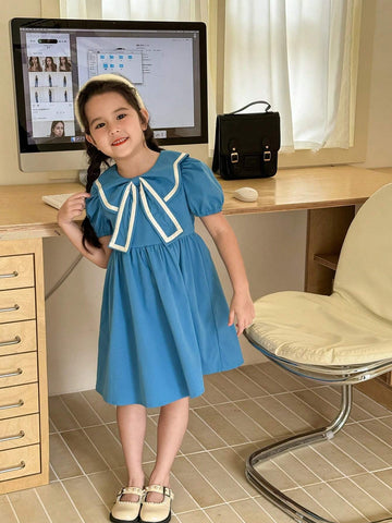 Girls' Blue Butterfly Collar Casual College Style Dress