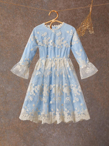 Girls Blue Mesh Casual Dress, Fashionable & Versatile, Cute Design, Spring/Summer/Autumn