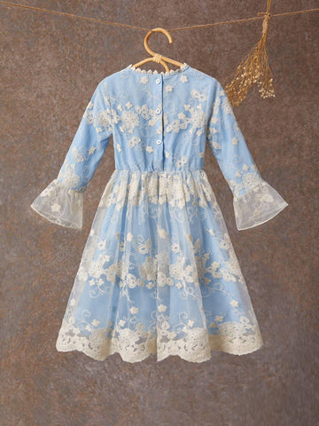Girls Blue Mesh Casual Dress, Fashionable & Versatile, Cute Design, Spring/Summer/Autumn