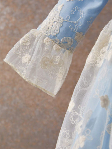 Girls Blue Mesh Casual Dress, Fashionable & Versatile, Cute Design, Spring/Summer/Autumn