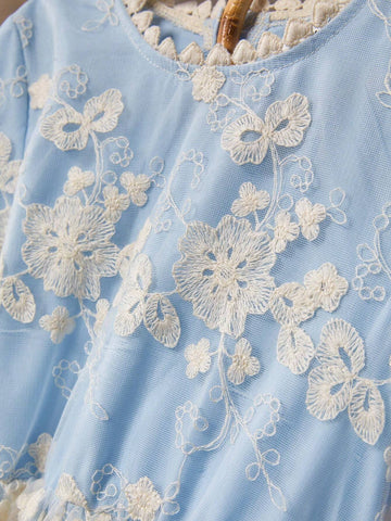 Girls Blue Mesh Casual Dress, Fashionable & Versatile, Cute Design, Spring/Summer/Autumn