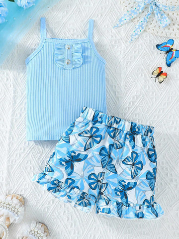 Girls' Blue Ribbed Cami Top & Butterfly Allover Print Shorts Set, Summer Fashionable And Cute