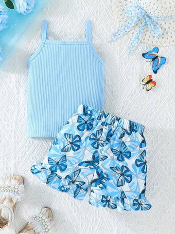 Girls' Blue Ribbed Cami Top & Butterfly Allover Print Shorts Set, Summer Fashionable And Cute