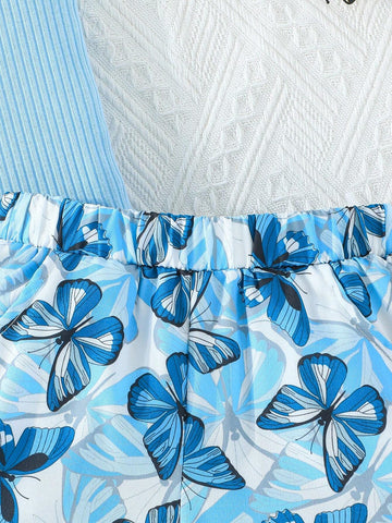 Girls' Blue Ribbed Cami Top & Butterfly Allover Print Shorts Set, Summer Fashionable And Cute