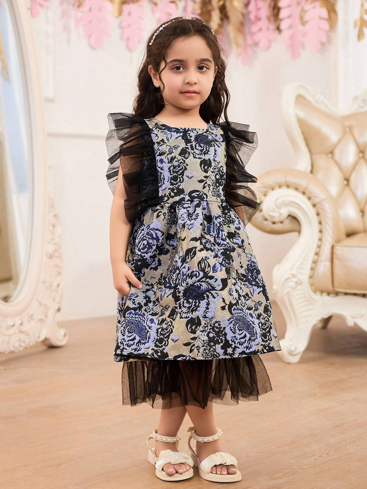 Girls' Blue & Black Shiny Mesh Ruffle Sleeve Dress With Fitted Waist & Mesh Hem, Perfect For Parties, Summer