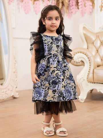 Girls' Blue & Black Shiny Mesh Ruffle Sleeve Dress With Fitted Waist & Mesh Hem, Perfect For Parties, Summer