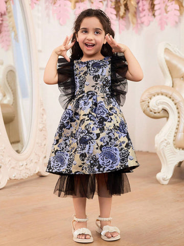 Girls' Blue & Black Shiny Mesh Ruffle Sleeve Dress With Fitted Waist & Mesh Hem, Perfect For Parties, Summer