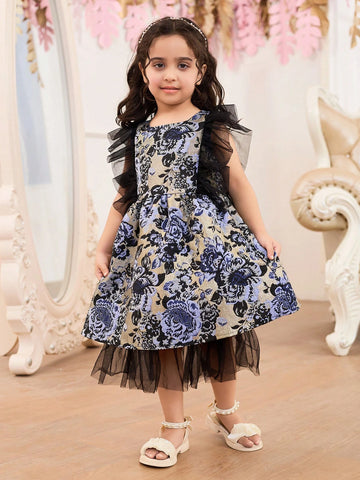 Girls' Blue & Black Shiny Mesh Ruffle Sleeve Dress With Fitted Waist & Mesh Hem, Perfect For Parties, Summer