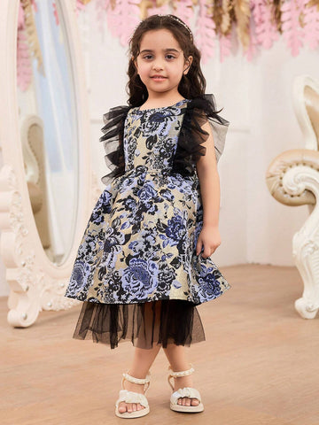 Girls' Blue & Black Shiny Mesh Ruffle Sleeve Dress With Fitted Waist & Mesh Hem, Perfect For Parties, Summer