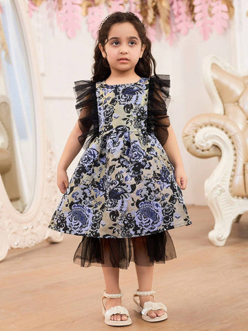 Girls' Blue & Black Shiny Mesh Ruffle Sleeve Dress With Fitted Waist & Mesh Hem, Perfect For Parties, Summer