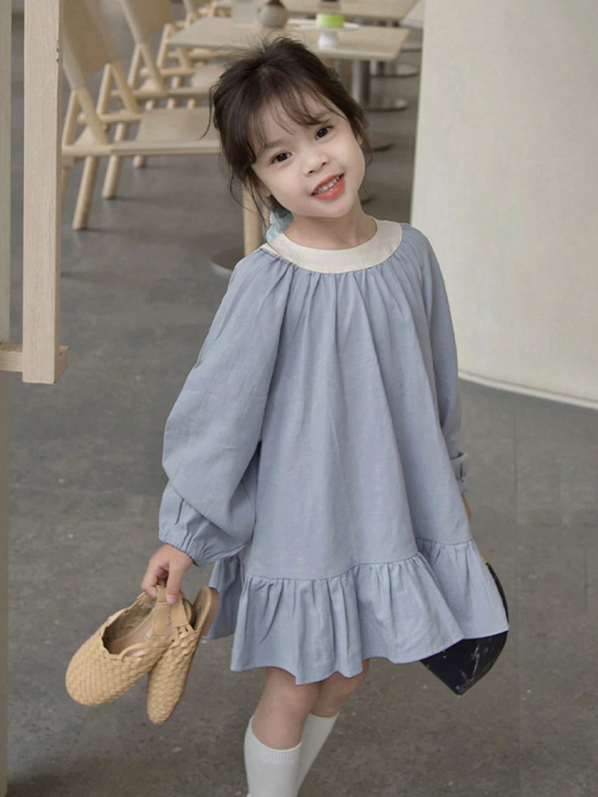 Girls Blue & White Patchwork Fashion Casual Princess Dress, Cute & Sweet Loose Fit, Spring/Autumn