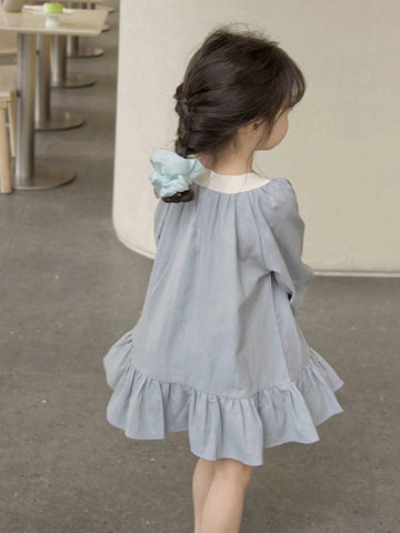 Girls Blue & White Patchwork Fashion Casual Princess Dress, Cute & Sweet Loose Fit, Spring/Autumn