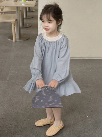 Girls Blue & White Patchwork Fashion Casual Princess Dress, Cute & Sweet Loose Fit, Spring/Autumn