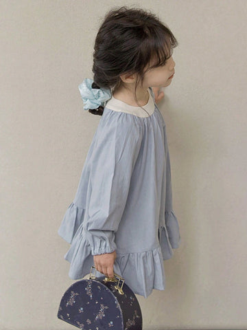 Girls Blue & White Patchwork Fashion Casual Princess Dress, Cute & Sweet Loose Fit, Spring/Autumn