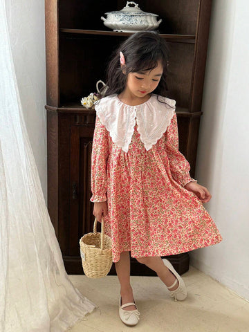 Girls' Bohemian, Korean And Style, Exaggerated Large Lapel Embroidered Long Sleeve Dress, Suitable For Vacation, Outing, Gathering, Summer And Autumn, Round Neck