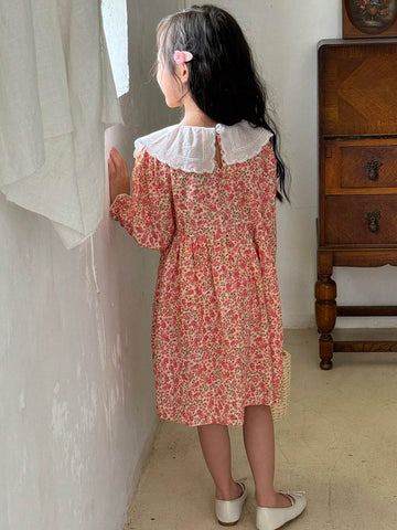 Girls' Bohemian, Korean And Style, Exaggerated Large Lapel Embroidered Long Sleeve Dress, Suitable For Vacation, Outing, Gathering, Summer And Autumn, Round Neck