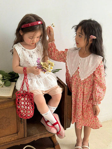 Girls' Bohemian, Korean And Style, Exaggerated Large Lapel Embroidered Long Sleeve Dress, Suitable For Vacation, Outing, Gathering, Summer And Autumn, Round Neck