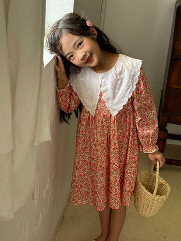Girls' Bohemian, Korean And Style, Exaggerated Large Lapel Embroidered Long Sleeve Dress, Suitable For Vacation, Outing, Gathering, Summer And Autumn, Round Neck