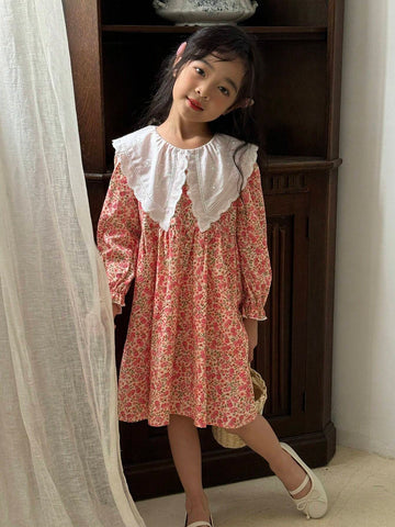 Girls' Bohemian, Korean And Style, Exaggerated Large Lapel Embroidered Long Sleeve Dress, Suitable For Vacation, Outing, Gathering, Summer And Autumn, Round Neck