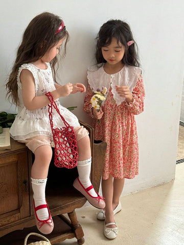 Girls' Bohemian, Korean And Style, Exaggerated Large Lapel Embroidered Long Sleeve Dress, Suitable For Vacation, Outing, Gathering, Summer And Autumn, Round Neck