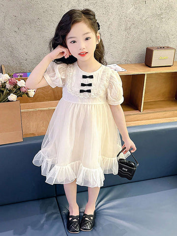 Girls" Bow Detail Bow Summer Dress, Cool Princess Style Mesh Skirt For Toddler