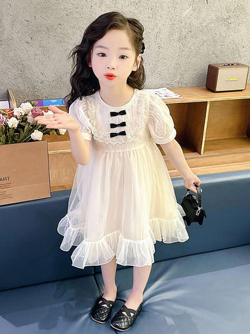 Girls" Bow Detail Bow Summer Dress, Cool Princess Style Mesh Skirt For Toddler