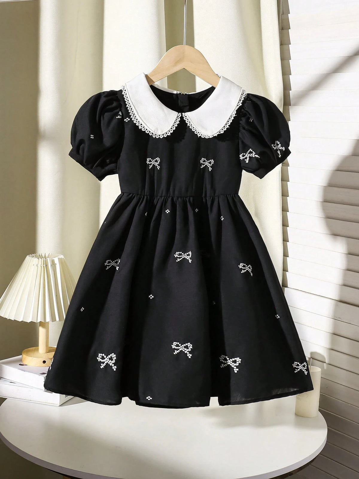 Girls Bow Print Peter Pan Collar Puff Sleeve Dress
