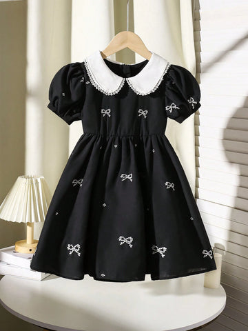 Girls Bow Print Peter Pan Collar Puff Sleeve Dress