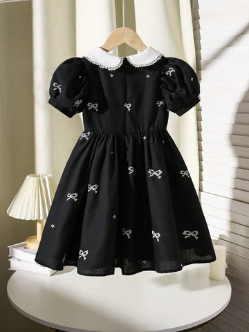 Girls Bow Print Peter Pan Collar Puff Sleeve Dress