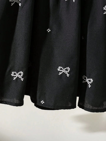 Girls Bow Print Peter Pan Collar Puff Sleeve Dress