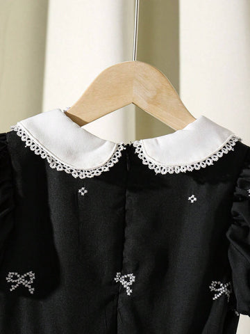 Girls Bow Print Peter Pan Collar Puff Sleeve Dress