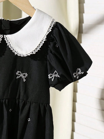 Girls Bow Print Peter Pan Collar Puff Sleeve Dress