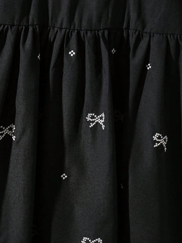 Girls Bow Print Peter Pan Collar Puff Sleeve Dress