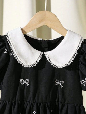Girls Bow Print Peter Pan Collar Puff Sleeve Dress