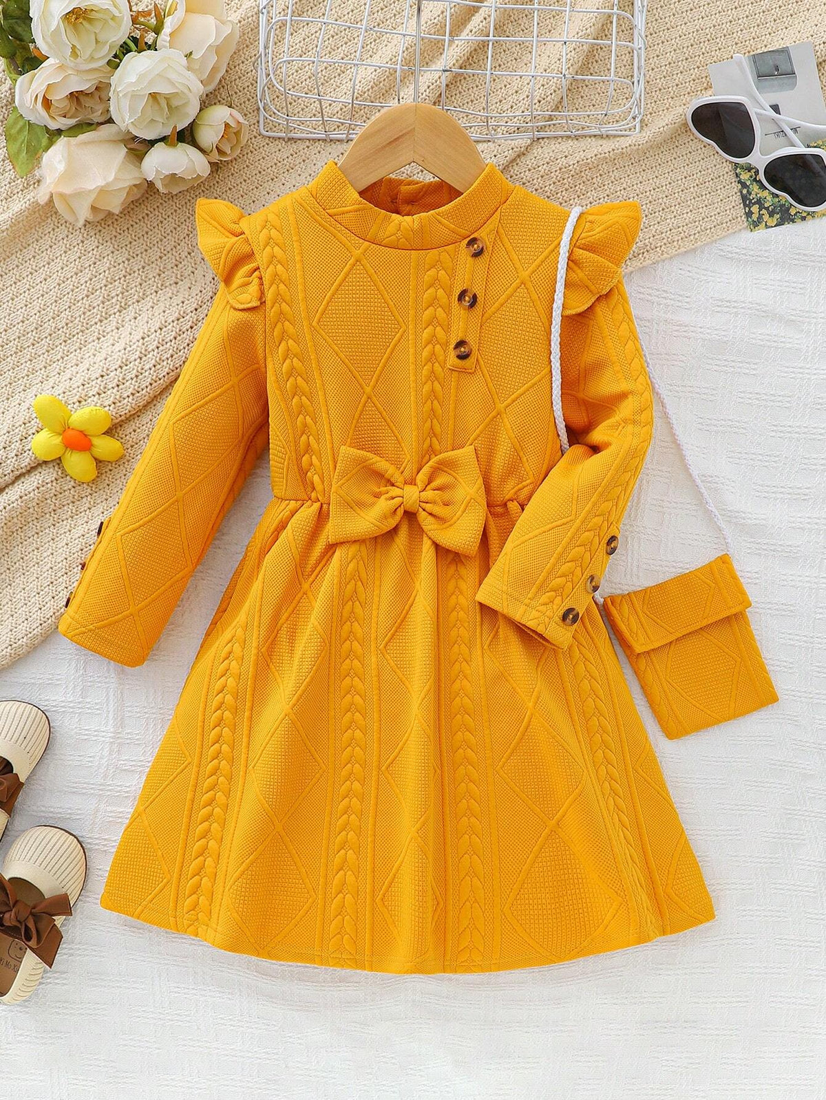 Girls Bowknot Long Sleeve Dress, Autumn/Winter