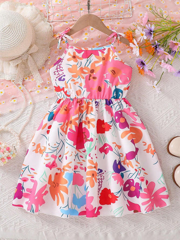 Girls' Bowknot Strap A-Line Dress With Flower Print, Summer Casual Cute Style