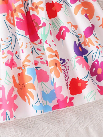 Girls' Bowknot Strap A-Line Dress With Flower Print, Summer Casual Cute Style