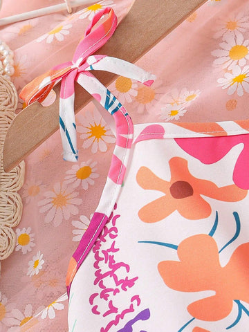 Girls' Bowknot Strap A-Line Dress With Flower Print, Summer Casual Cute Style