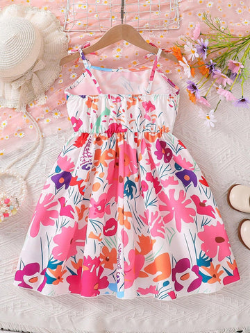 Girls' Bowknot Strap A-Line Dress With Flower Print, Summer Casual Cute Style