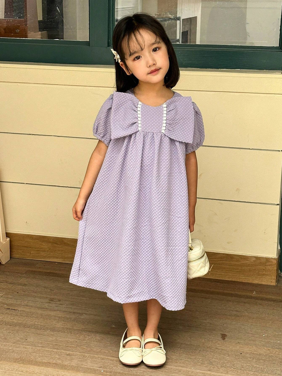 Girls' Bubble Short Sleeve Bowknot Dress, Cute Textured Princess Dress For Summer Outings And Special Occasions