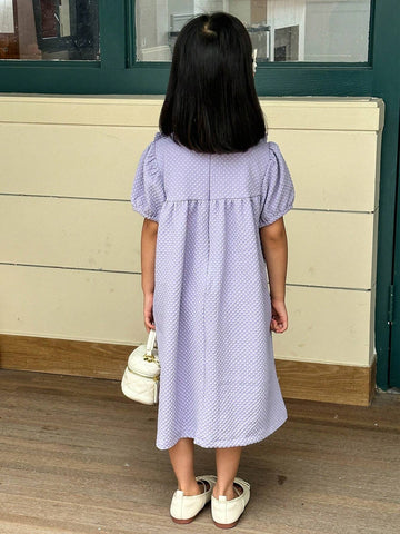 Girls' Bubble Short Sleeve Bowknot Dress, Cute Textured Princess Dress For Summer Outings And Special Occasions