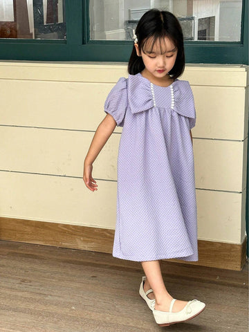 Girls' Bubble Short Sleeve Bowknot Dress, Cute Textured Princess Dress For Summer Outings And Special Occasions