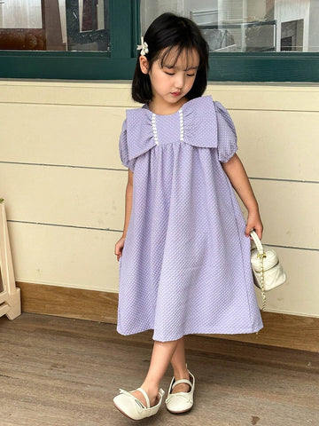 Girls' Bubble Short Sleeve Bowknot Dress, Cute Textured Princess Dress For Summer Outings And Special Occasions