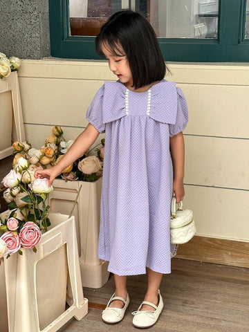 Girls' Bubble Short Sleeve Bowknot Dress, Cute Textured Princess Dress For Summer Outings And Special Occasions