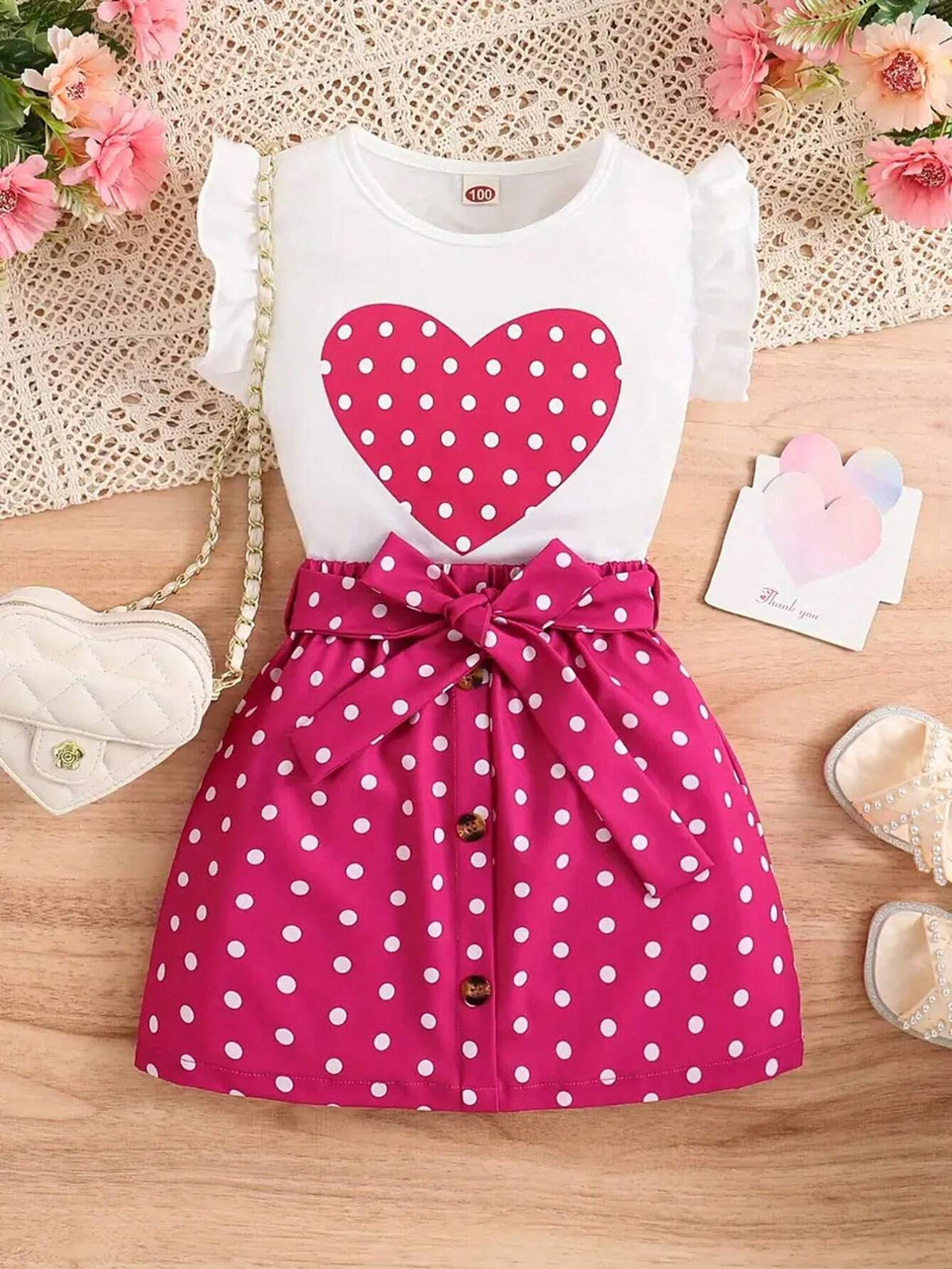 Girls' Butterfly-Sleeve Polka Dot Heart Shaped Printed Top And Buttoned Waist Belted Skirt Set, Summer Children's Clothing
