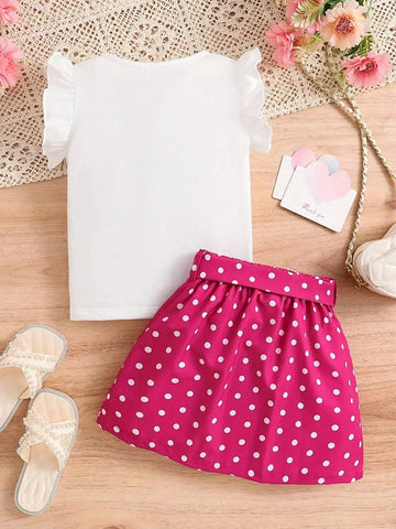 Girls' Butterfly-Sleeve Polka Dot Heart Shaped Printed Top And Buttoned Waist Belted Skirt Set, Summer Children's Clothing