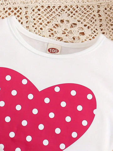 Girls' Butterfly-Sleeve Polka Dot Heart Shaped Printed Top And Buttoned Waist Belted Skirt Set, Summer Children's Clothing