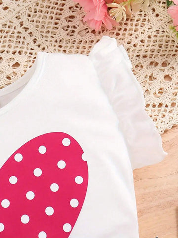 Girls' Butterfly-Sleeve Polka Dot Heart Shaped Printed Top And Buttoned Waist Belted Skirt Set, Summer Children's Clothing